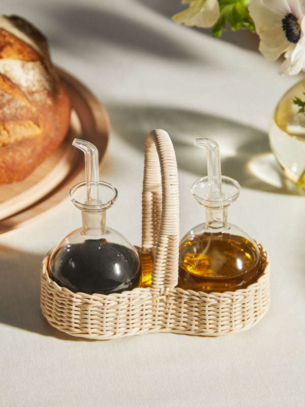 Mila Maurizi - Petunia Handwoven Wicker and Glass Cruet Set -  - ABASK
