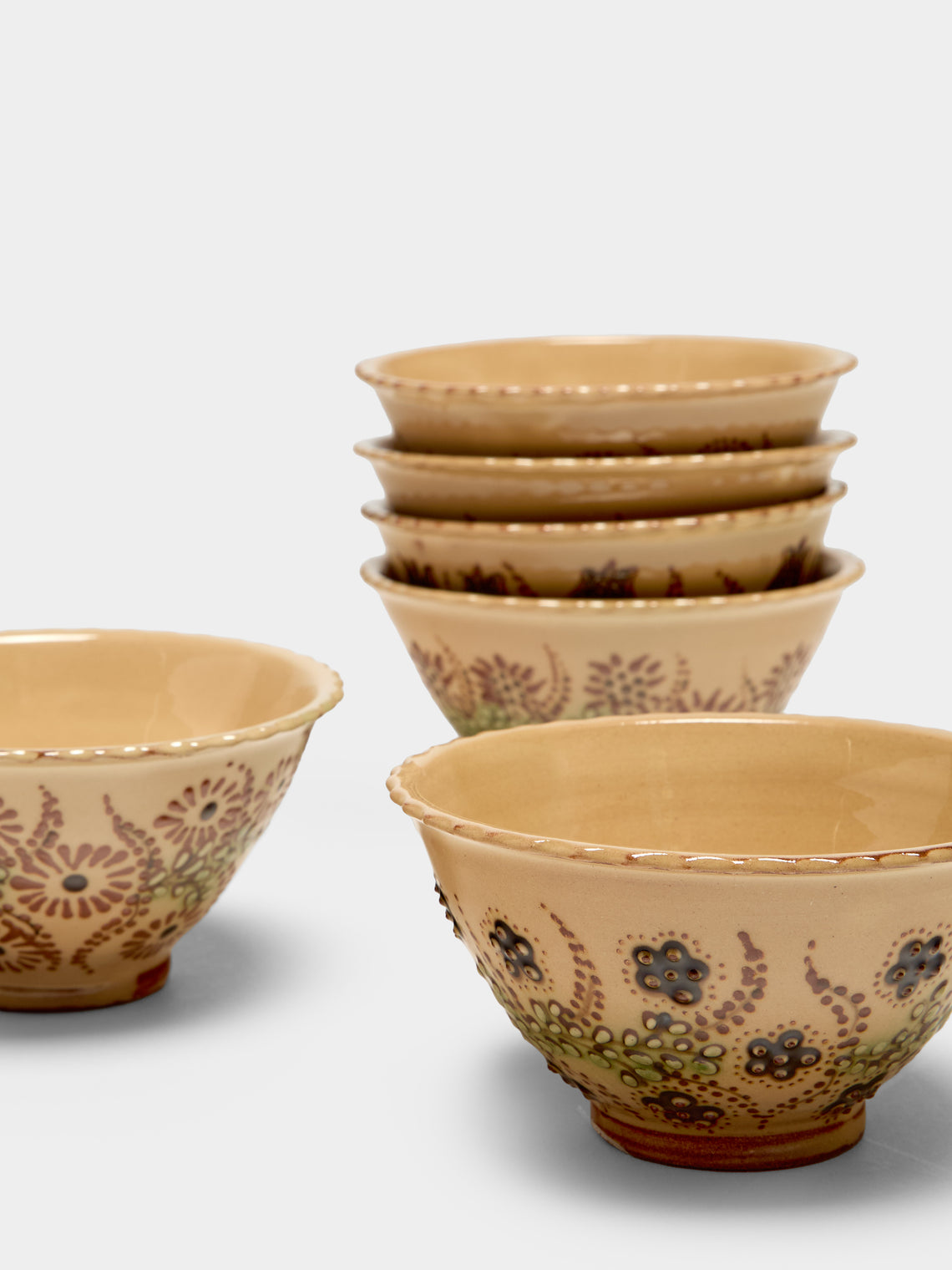 Poterie d’Évires - Flowers Hand-Painted Ceramic Petite Fluted Bowls (Set of 6) - Cream - ABASK