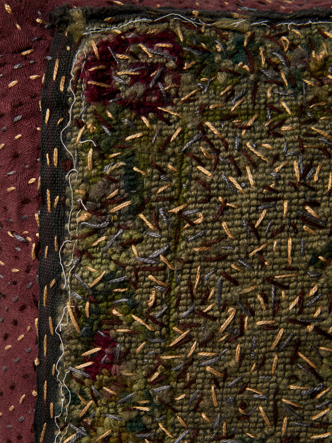 By Walid - 18th-Century Needlepoint Wool and Damask Cushion (17.5in/45cm) - Green - ABASK