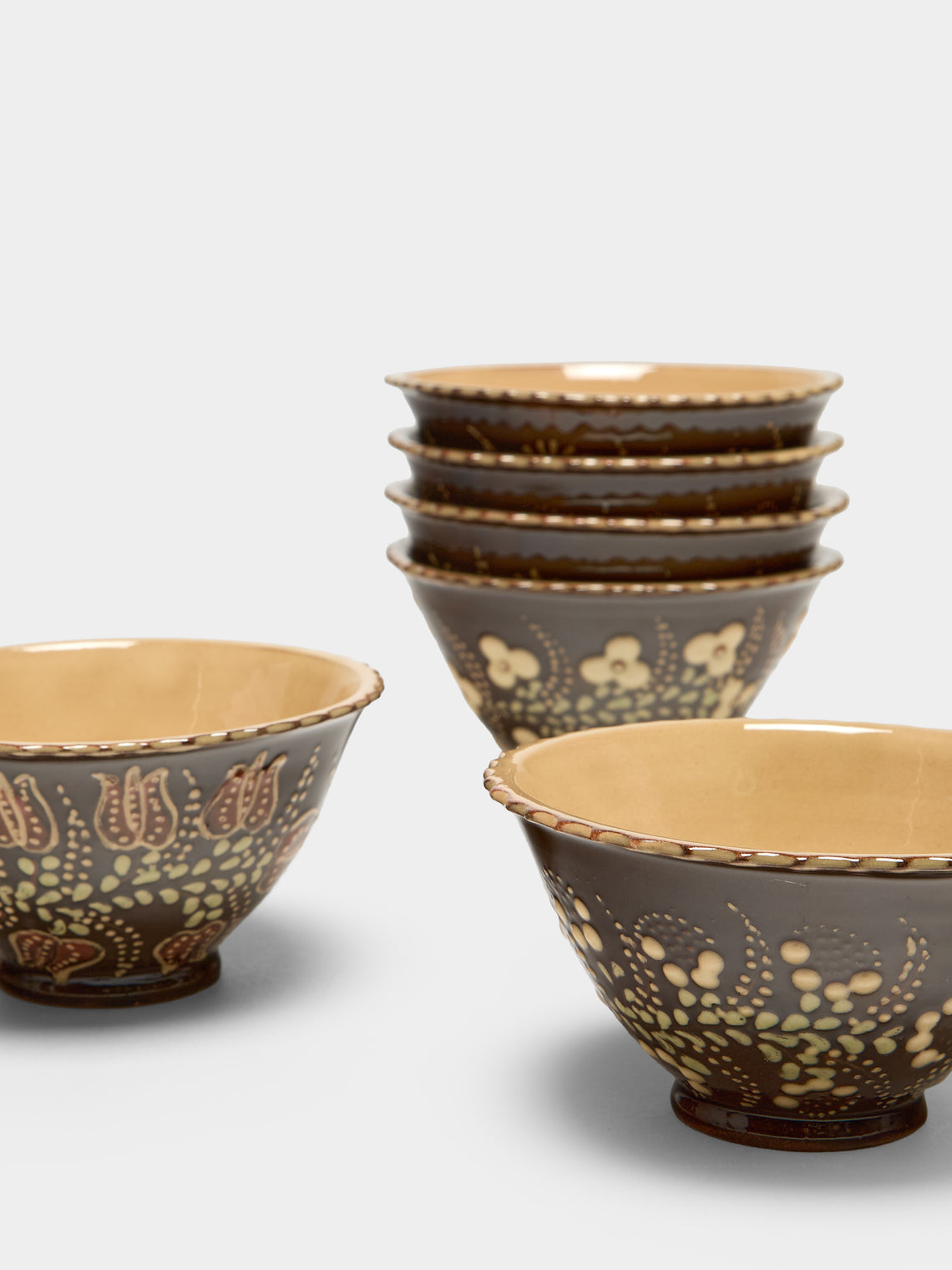 Poterie d’Évires - Flowers Hand-Painted Ceramic Petite Fluted Bowls (Set of 6) - Dark brown - ABASK