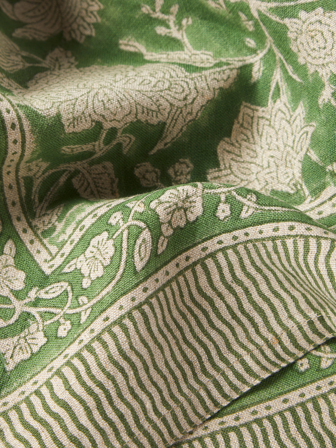 Chamois - Indian Rose Block-Printed Linen Rectangular Tablecloth (90.5in/2.3m) - Green - ABASK