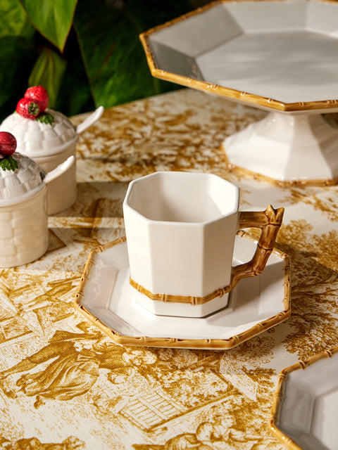 Verdolini - Bamboo Hand-Painted Ceramic Coffee Cup and Saucer - White - ABASK