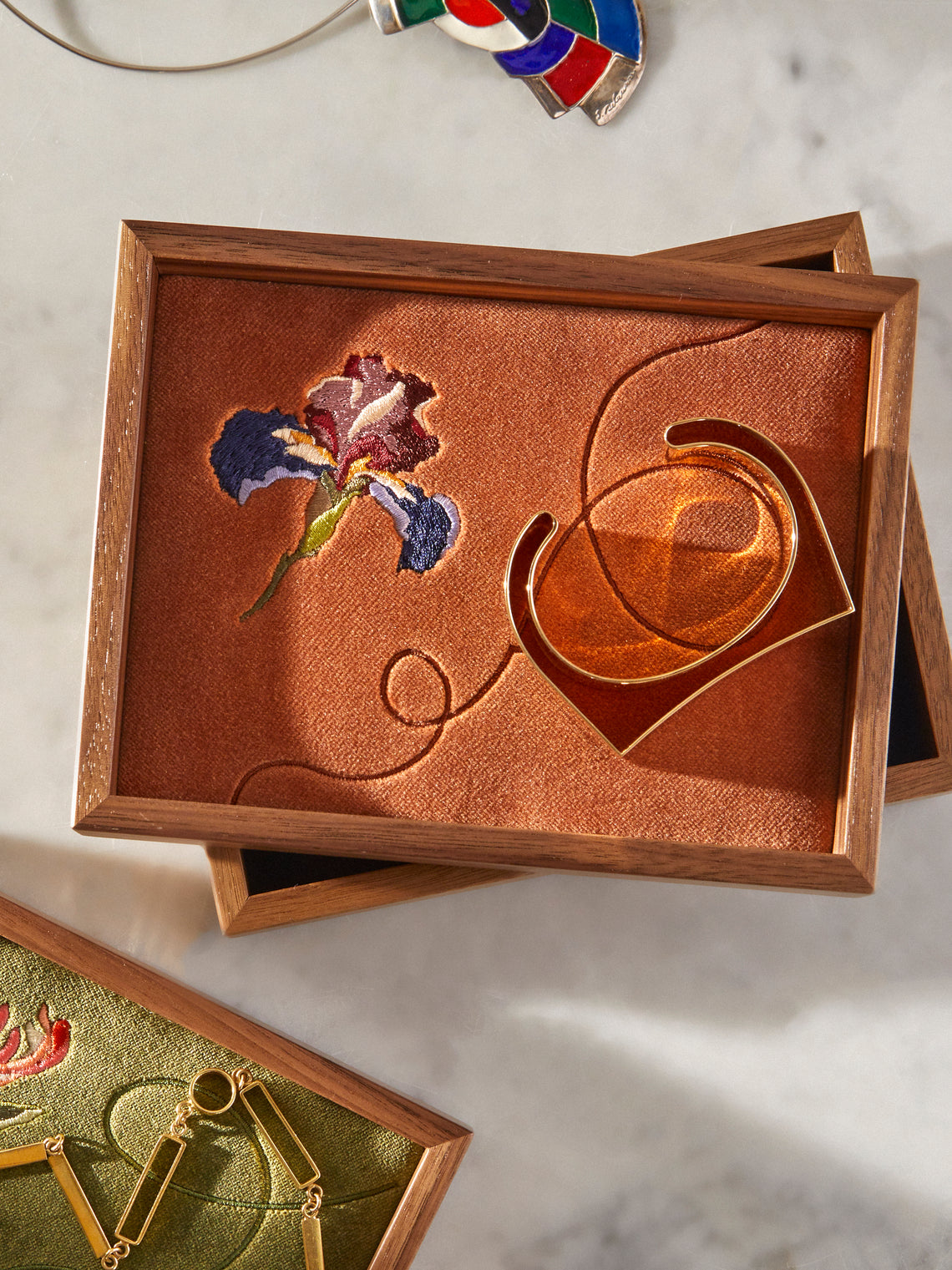 Uncommon Ancestor - Floriography Iris Embroidered Velvet Jewelry Tray (6.5in/17cm) - Orange - ABASK