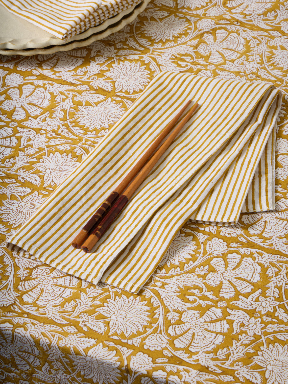 Chamois - | Set of 8 | Stripe Block-Printed Cotton Napkins - Yellow - ABASK