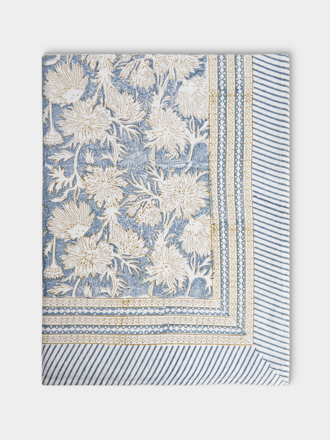 Chamois - Waterlily Block-Printed Cotton Rectangular Tablecloth (106.5in/2.7m) - Blue - ABASK - 