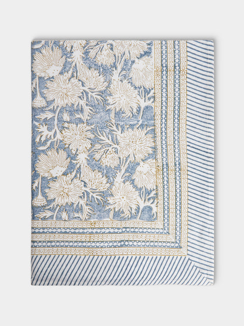 Chamois - Waterlily Block-Printed Cotton Rectangular Tablecloth (106.5in/2.7m) - Blue - ABASK - 