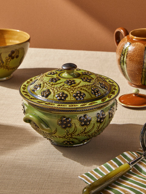 Poterie d’Évires - Flowers Hand-Painted Ceramic Small Lidded Vegetable Dish - Green - ABASK