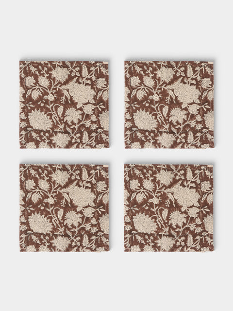 Chamois - Indian Rose Block-Printed Linen Napkins (Set of 4) - Brown - ABASK - 