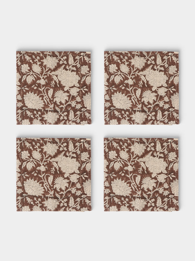 Chamois - Indian Rose Block-Printed Linen Napkins (Set of 4) - Brown - ABASK - 