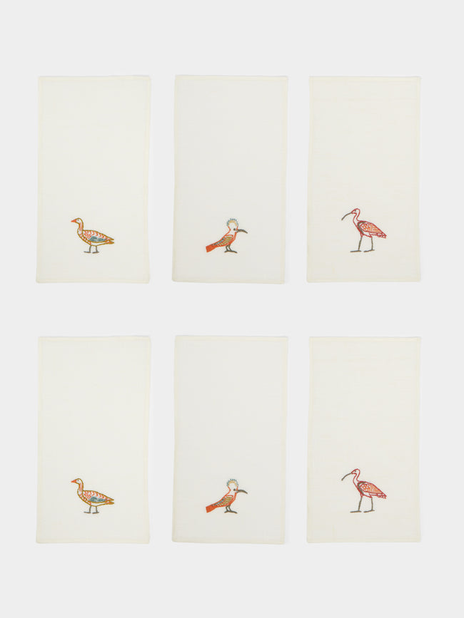 Malaika - Birds Hand-Embroidered Linen Cocktail Napkins (Set of 6) -  - ABASK - 
