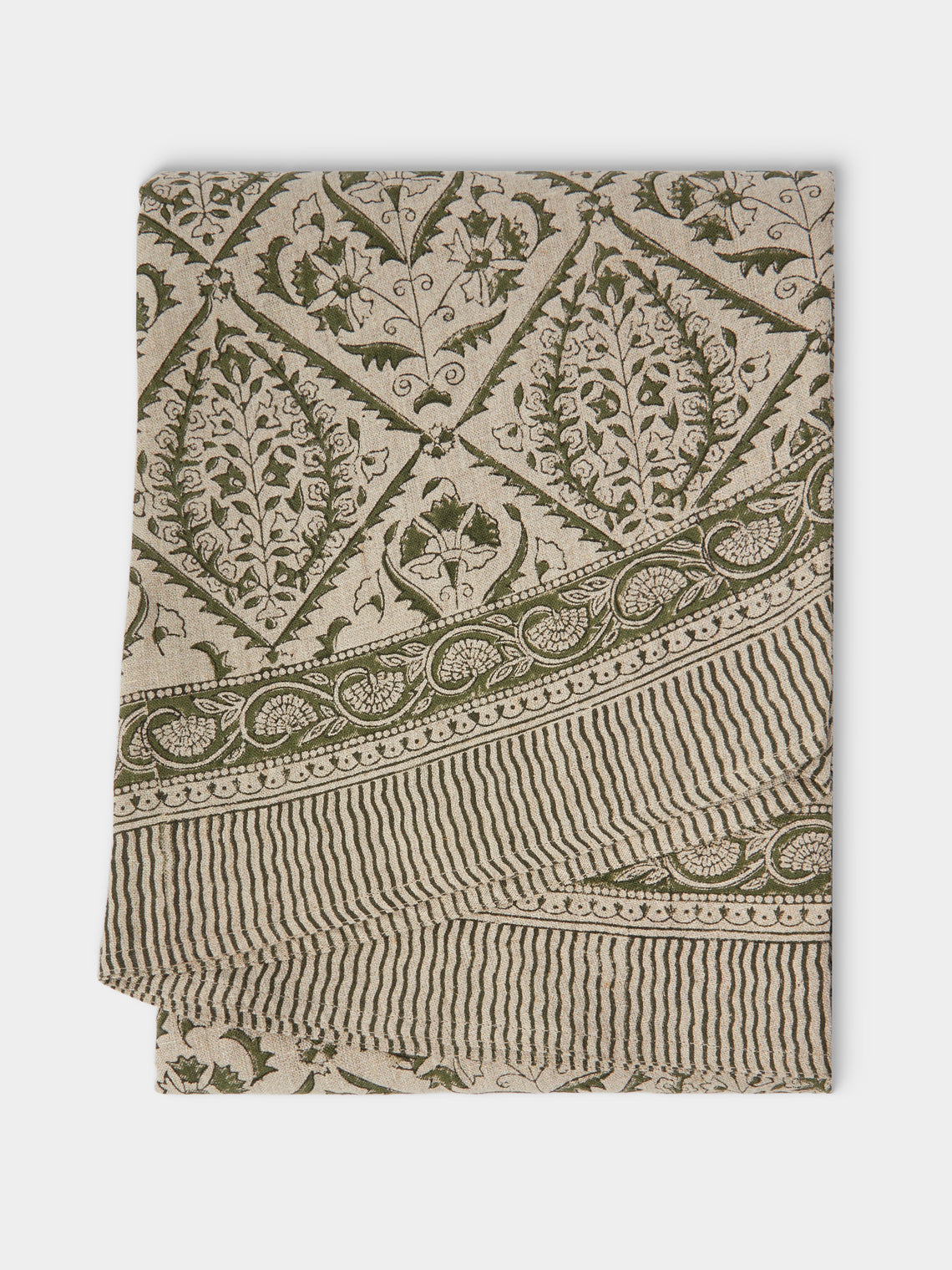 Chamois - Jaipur Block-Printed Linen Round Tablecloth (86.5in/2.2m) - Green - ABASK - 