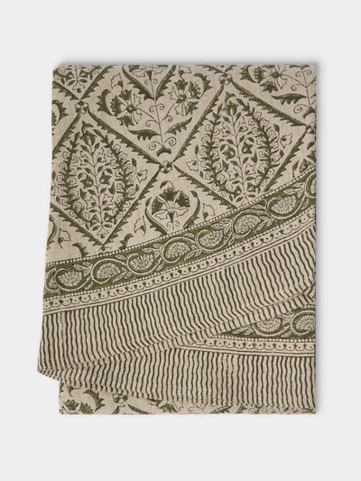 Chamois - Jaipur Block-Printed Linen Round Tablecloth (86.5in/2.2m) - Green - ABASK - 
