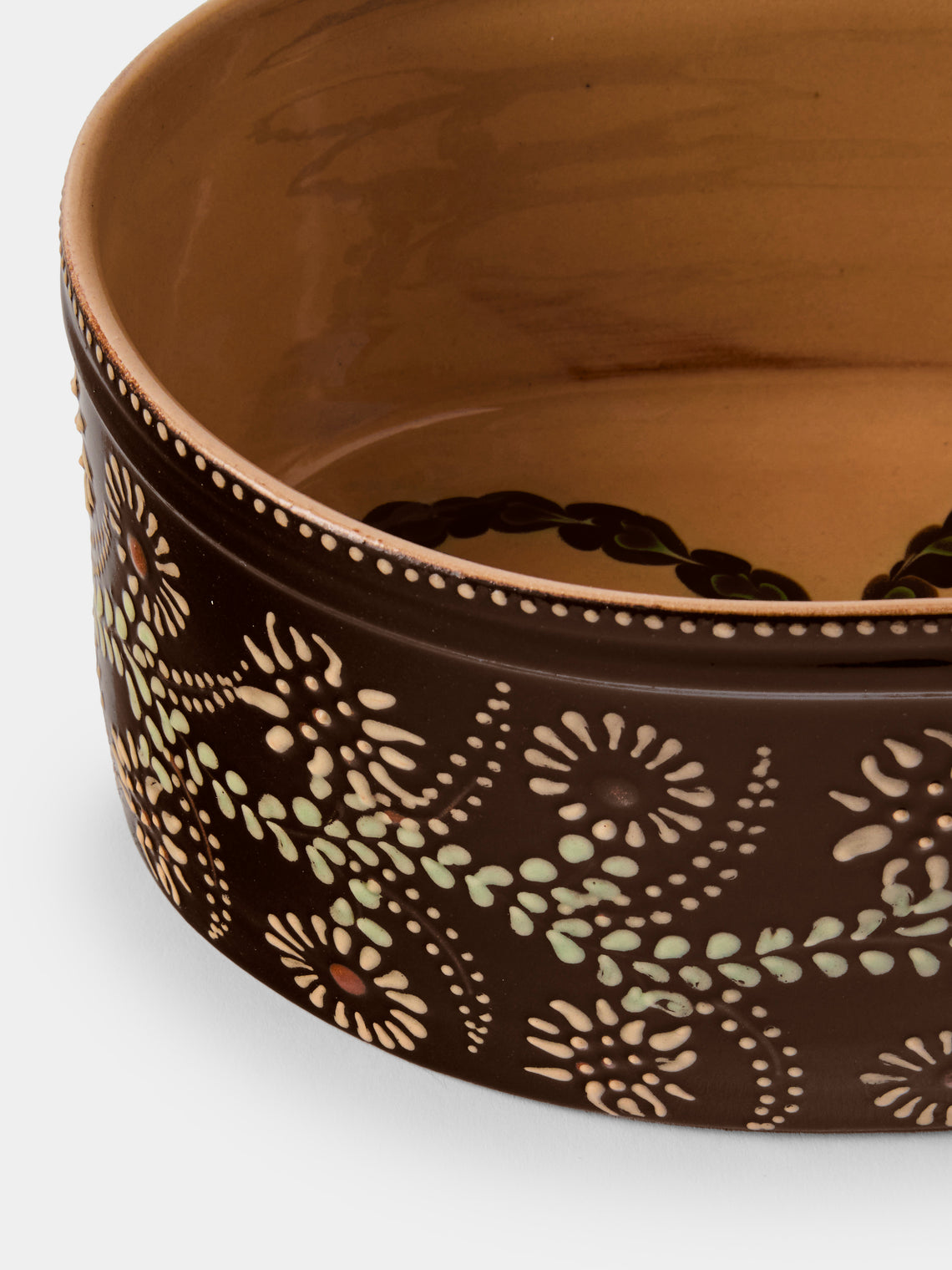 Poterie d’Évires - Flowers Hand-Painted Ceramic Oval Dish - Dark Brown - ABASK
