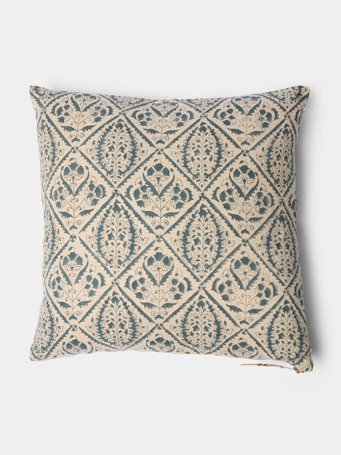 Chamois - Block-Printed Linen Cushions – 19.5in/50cm (Set of 2) - Blue - ABASK - 