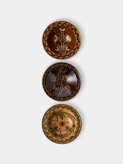 Poterie d’Évires - Flowers Hand-Painted Ceramic Breakfast Bowls (Set of 3) - Brown - ABASK - 