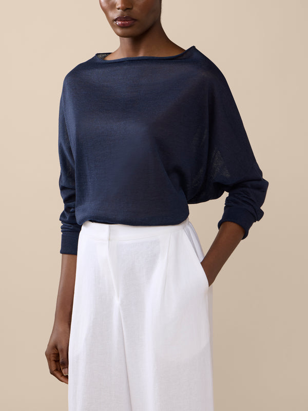 Dusan - Chunky Linen Boat-Neck Sweater | One Size - Navy - ABASK