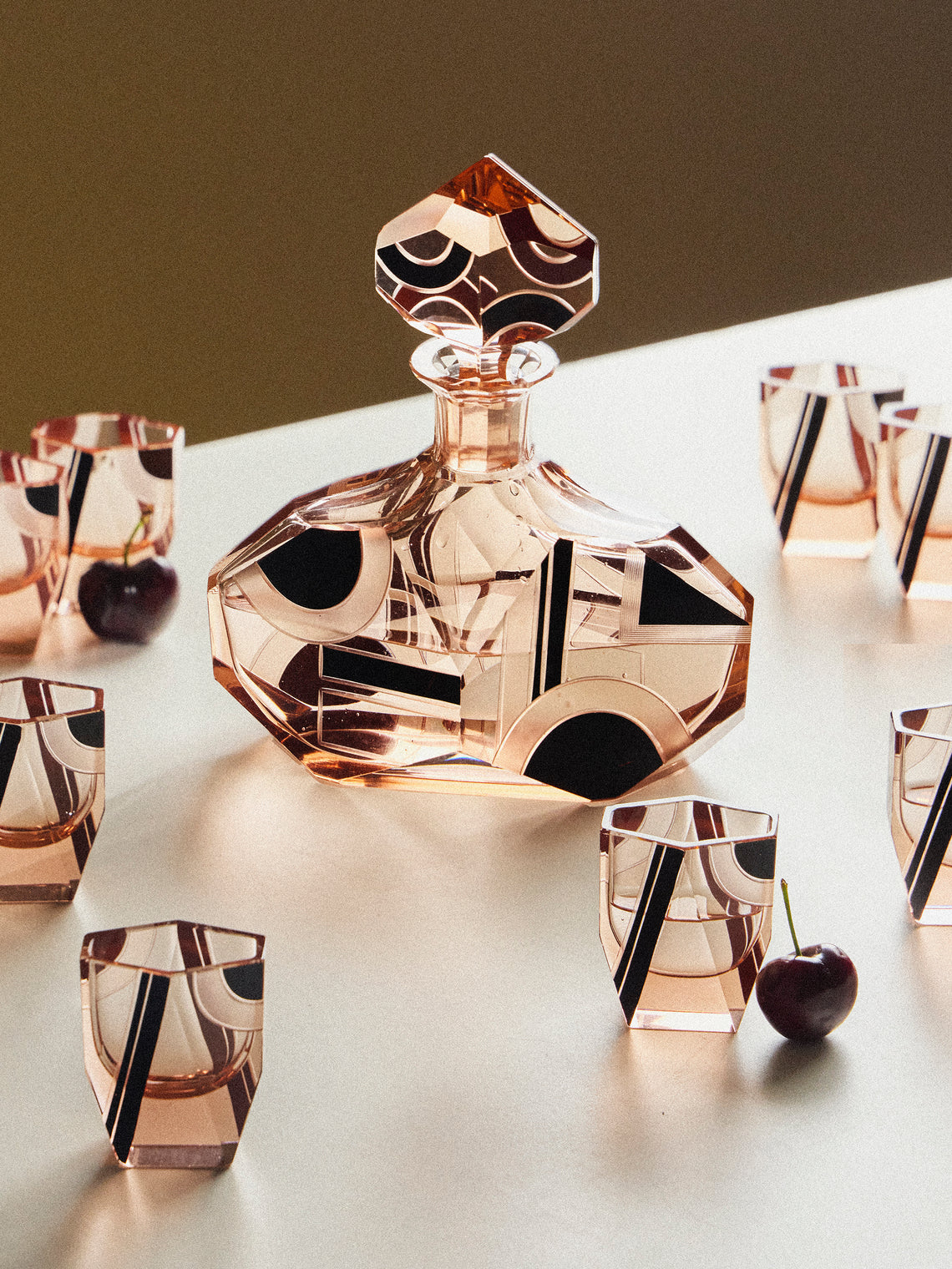 Antique and Vintage - 1930s Czech Decanter with Glasses (Set of 9) - Pink - ABASK