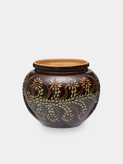 Poterie d’Évires - Flowers Hand-Painted Ceramic Vase (5in/13cm) - Dark brown - ABASK - 
