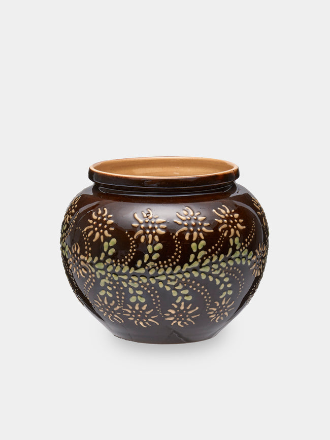 Poterie d’Évires - Flowers Hand-Painted Ceramic Vase (5in/13cm) - Dark brown - ABASK - 