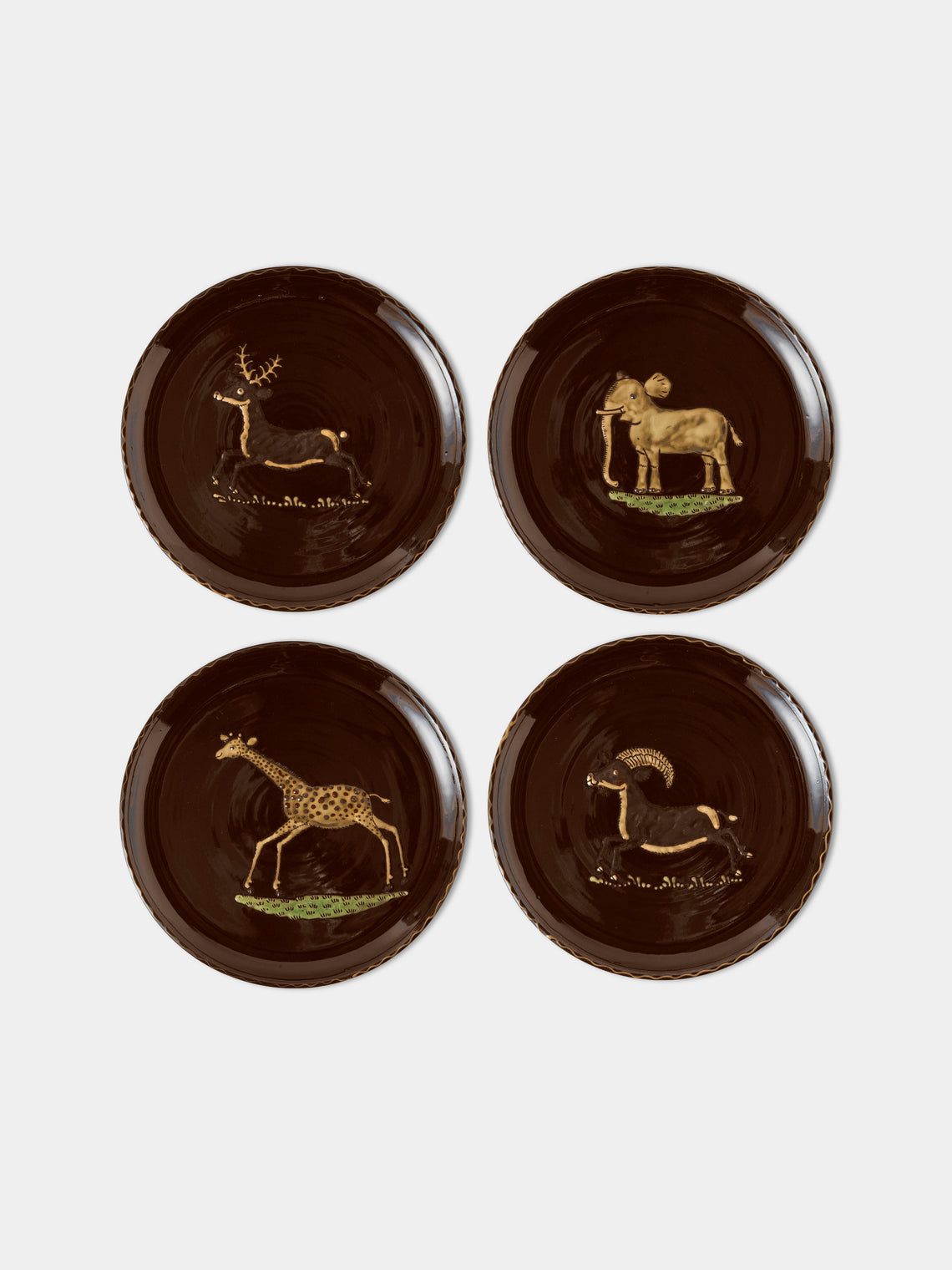 Poterie d’Évires - Animals Hand-Painted Ceramic Dinner Plates – 9.5in/24cm (Set of 4) - Dark Brown - ABASK - 