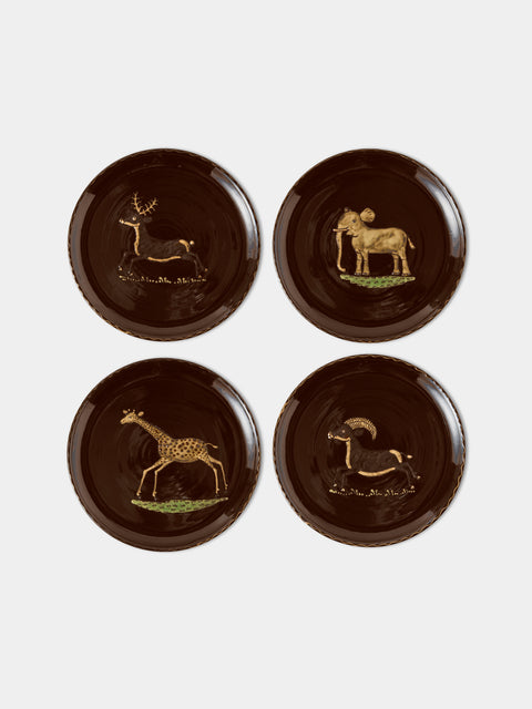 Poterie d’Évires - Animals Hand-Painted Ceramic Dinner Plates – 9.5in/24cm (Set of 4) - Dark Brown - ABASK - 