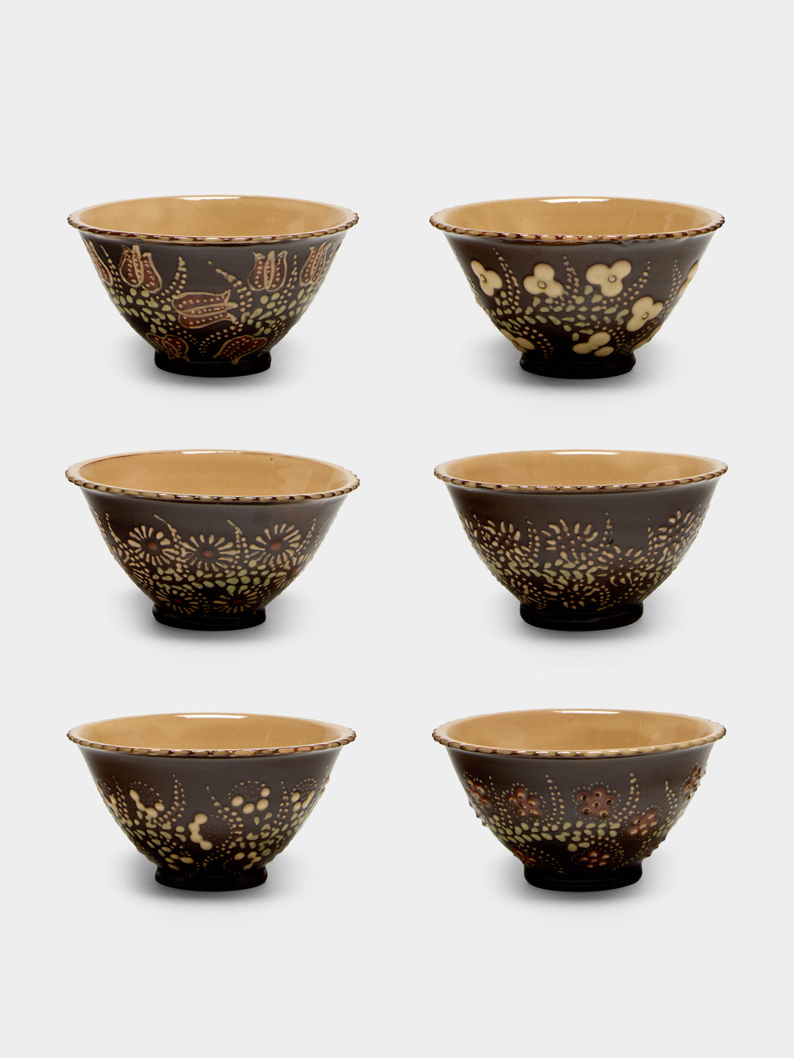 Poterie d’Évires - Flowers Hand-Painted Ceramic Petite Fluted Bowls (Set of 6) - Dark brown - ABASK