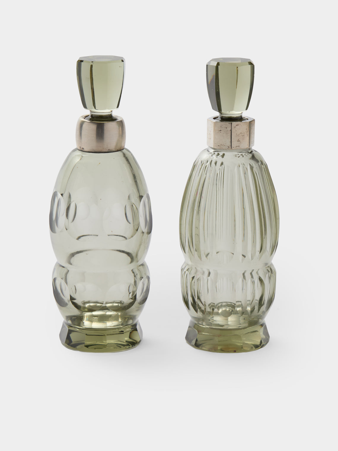 Antique and Vintage - 1930s Art Deco Crystal and Solid Silver Decanters (Set of 2) - Green - ABASK - 