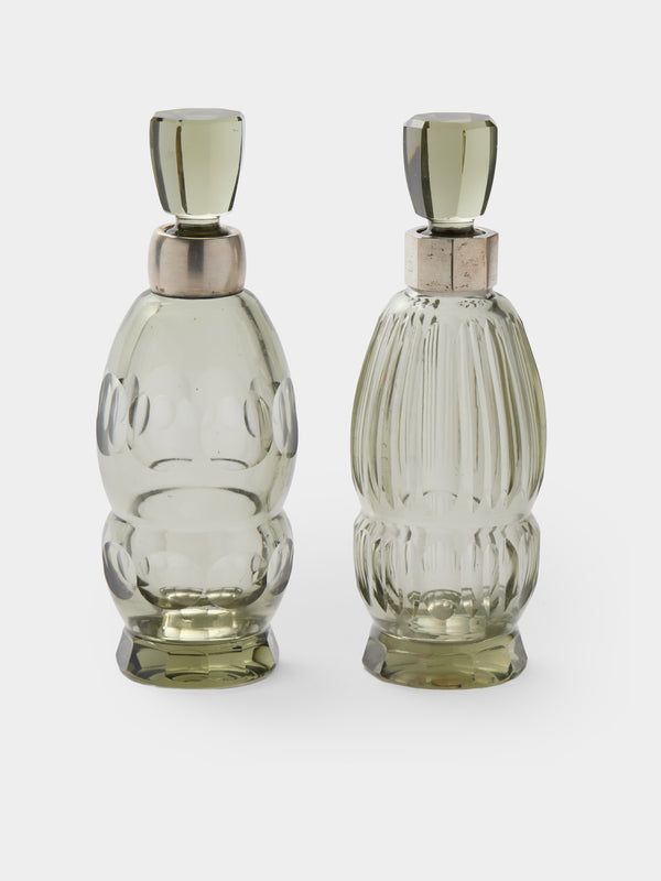 Antique and Vintage - 1930s Art Deco Crystal and Solid Silver Decanters (Set of 2) - Green - ABASK - 