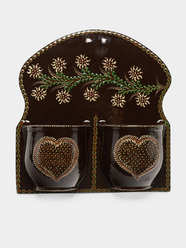 Poterie d’Évires - Flowers and Hearts Hand-Painted Ceramic Double Utensil Holder - Dark brown - ABASK - 