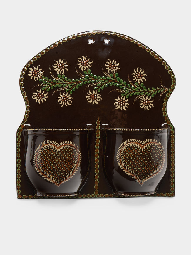 Poterie d’Évires - Flowers and Hearts Hand-Painted Ceramic Double Utensil Holder - Dark brown - ABASK - 