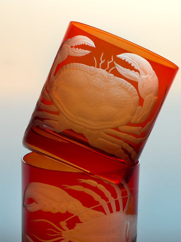Artel - Crab Hand-Engraved Crystal Double Old Fashioned Tumbler - Orange - ABASK