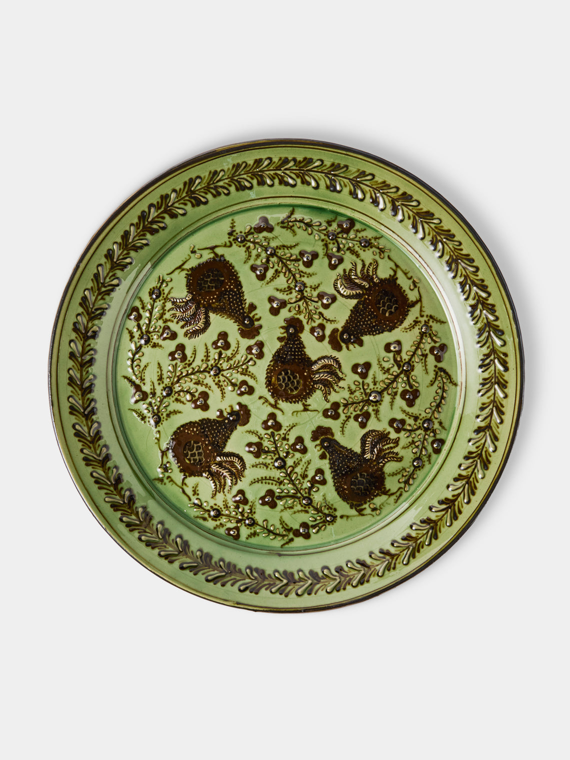 Poterie d’Évires - Chickens Hand-Painted Ceramic Round Platter - Green - ABASK - 