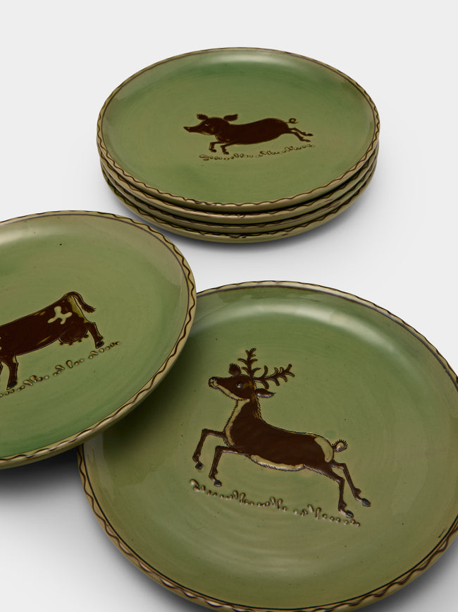 Poterie d’Évires - Animals Hand-Painted Ceramic Plates – 9.5in/24cm (Set of 8) - Green - ABASK