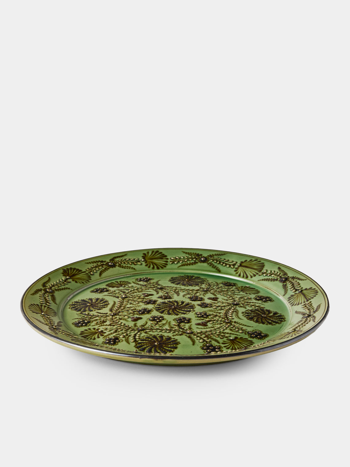 Poterie d’Évires - Flowers Hand-Painted Ceramic Round Platter - Green - ABASK