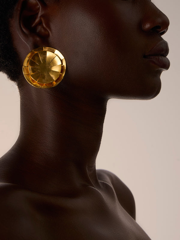 Mahnaz Collection - Vintage Hervé Van der Straeten Gilded Brass Double Sphere Clip-On Earrings - Gold - ABASK