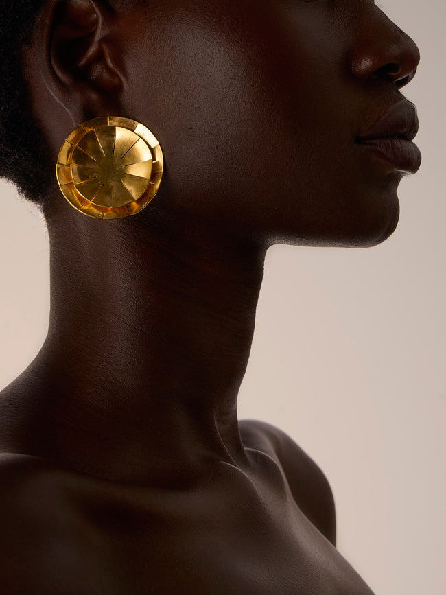 Mahnaz Collection - Vintage Hervé Van der Straeten Gilded Brass Double Sphere Clip-On Earrings - Gold - ABASK