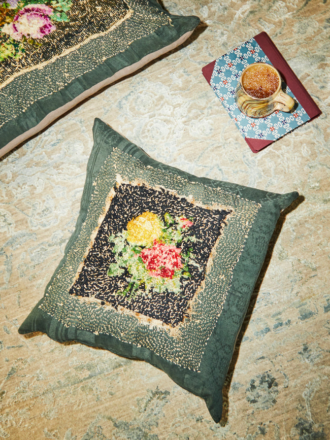 By Walid - 19th Century Floral Woollen Needlepoint Cushion -  - ABASK