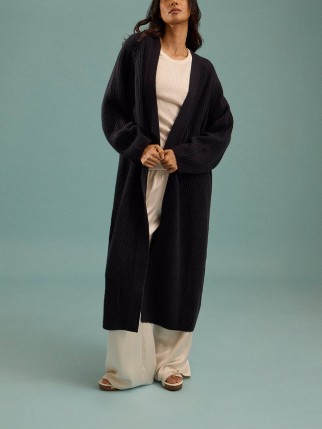 Dusan - Ribbed Wool Long Cardigan | One Size - Navy - ABASK
