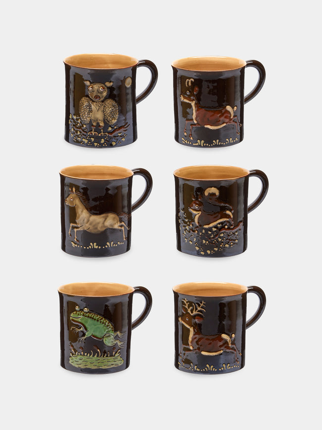 Poterie d’Évires - Animals Hand-Painted Ceramic Mugs (Set of 6) - Dark brown - ABASK - 