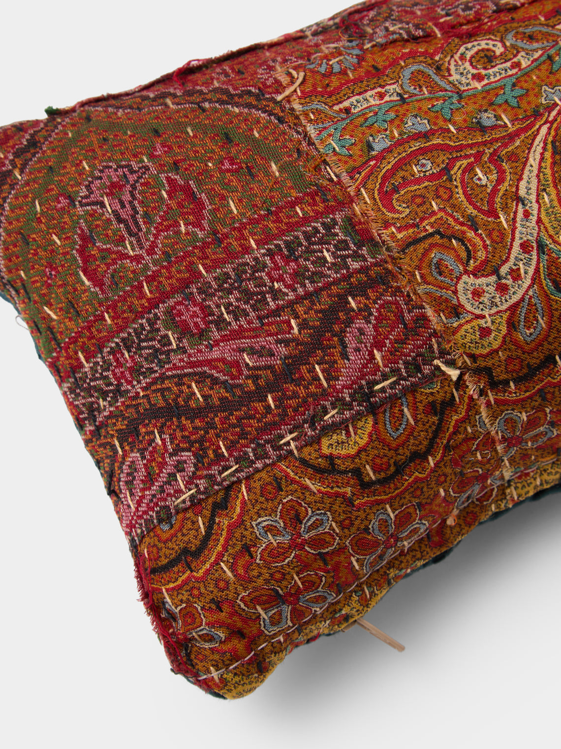 By Walid - 19th-Century Paisley Patchwork Wool and Linen Cushion (16.5in/42cm) - Multiple - ABASK