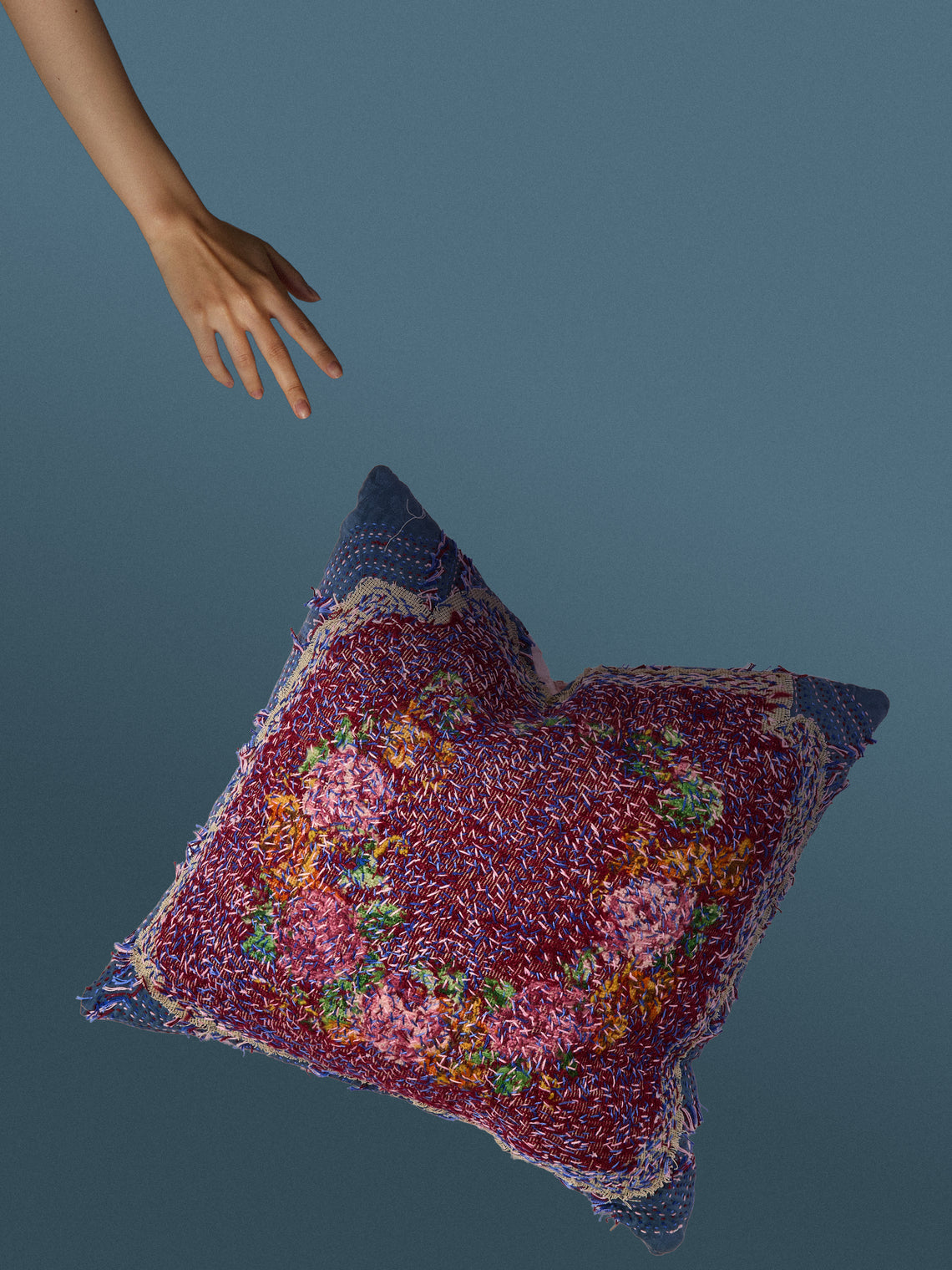 By Walid - 19th-Century Victorian Needlepoint Wool and Cotton Patchwork Cushion (19.5in/50cm) - Multiple - ABASK