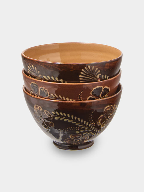 Poterie d’Évires - Flowers Hand-Painted Ceramic Bowls (Set of 3) - Dark brown - ABASK