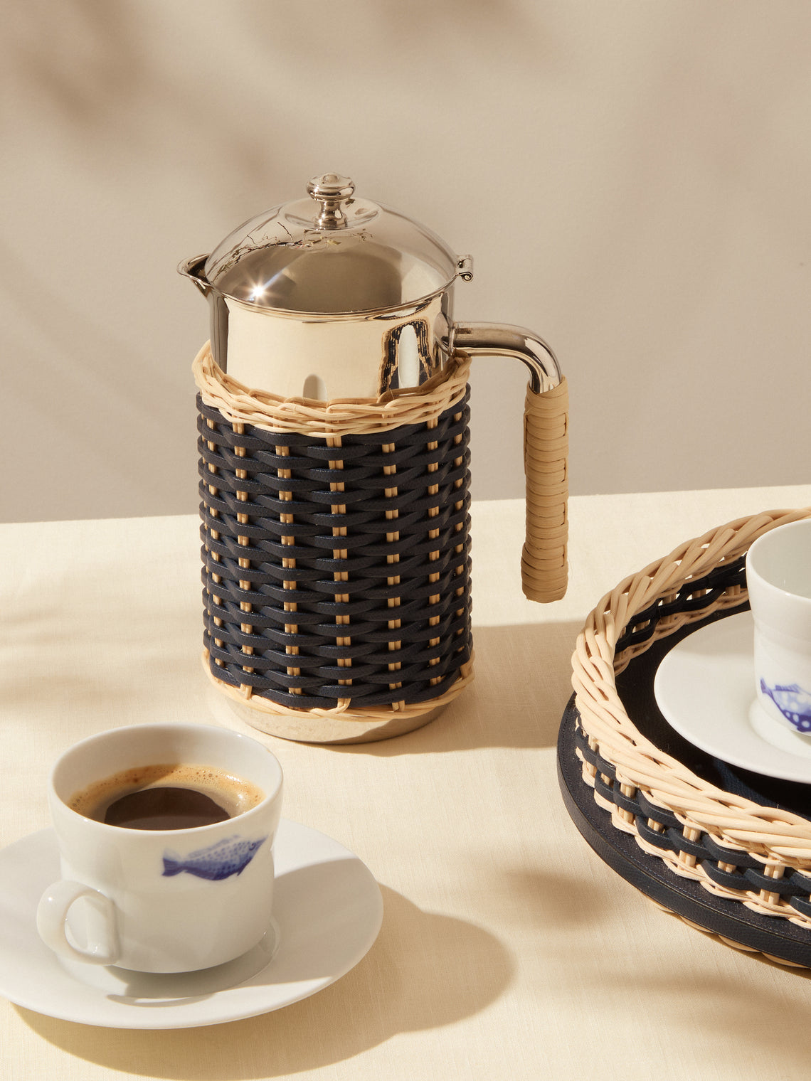 Pigment France - Rennes Leather and Rattan Carafe (42oz/1.2L) - Blue - ABASK