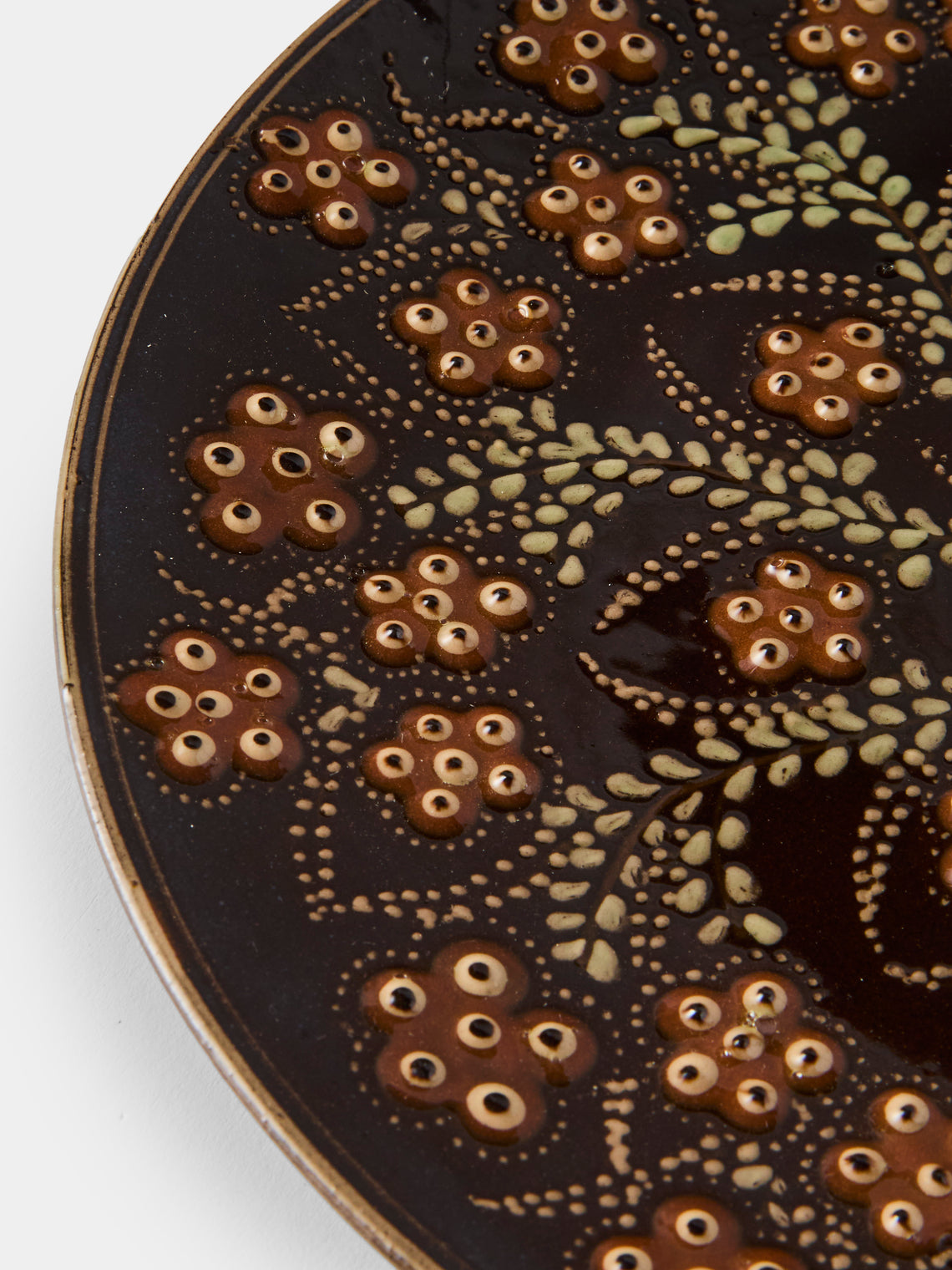 Poterie d’Évires - Flowers Hand-Painted Ceramic Small Platter - Dark Brown - ABASK
