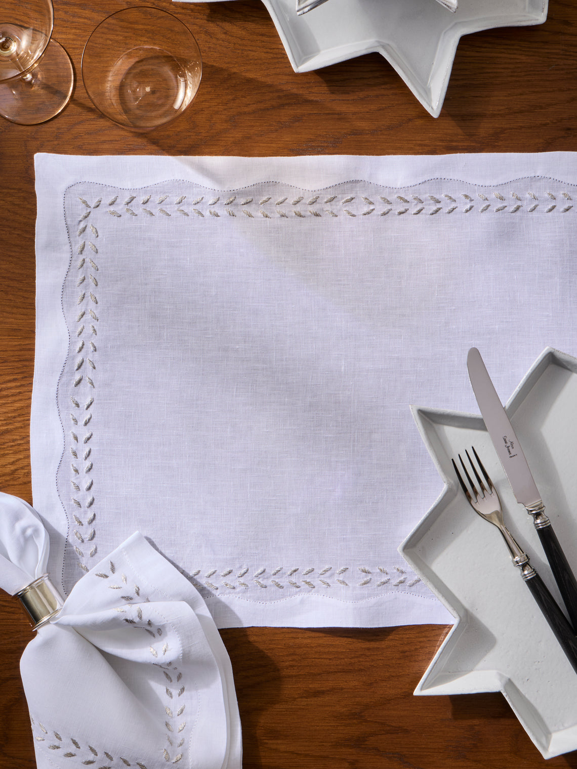 ERI Textiles - | Set of 4 | Marie Silver Hand-Embroidered Linen Placemats - White - ABASK