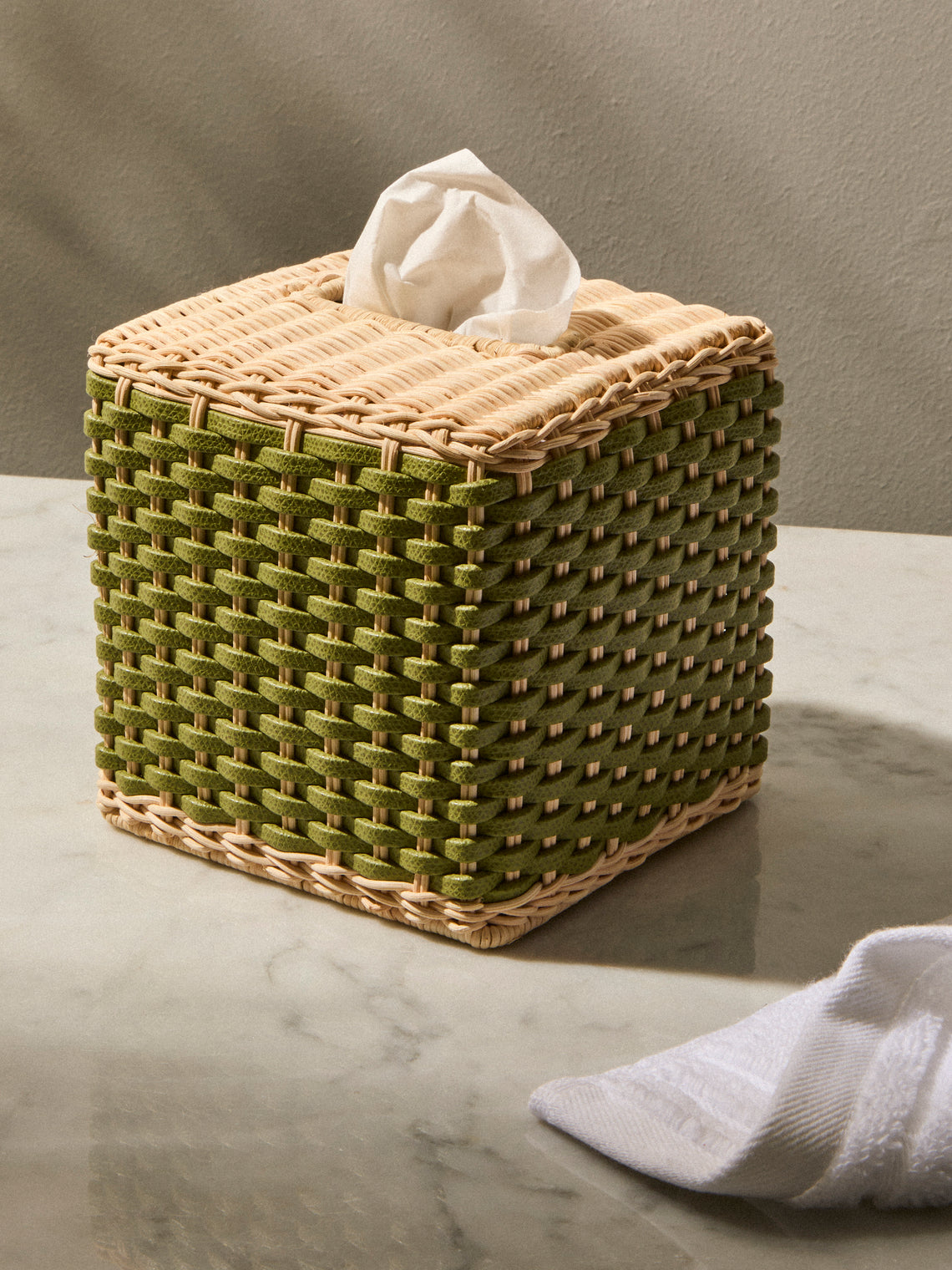 Pigment France - Antibes Leather and Rattan Tissue Box - Green - ABASK