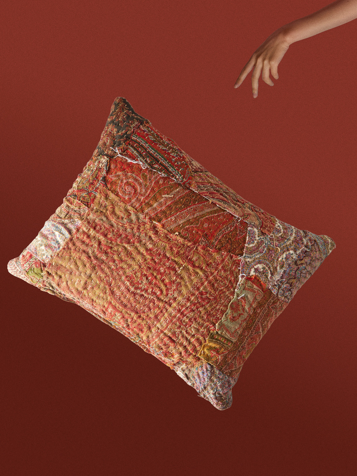 By Walid - 19th-Century Paisley Patchwork Wool and Damask Cushion (17.5in/45cm) - Multiple - ABASK