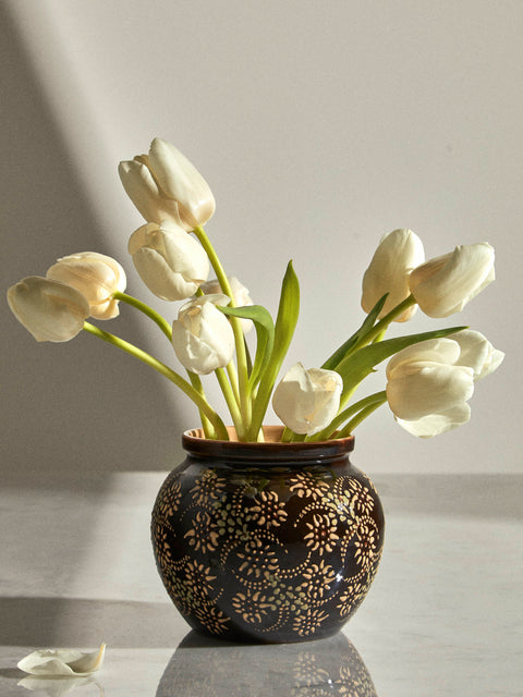 Poterie d’Évires - Flowers Hand-Painted Ceramic Vase - Dark brown - ABASK