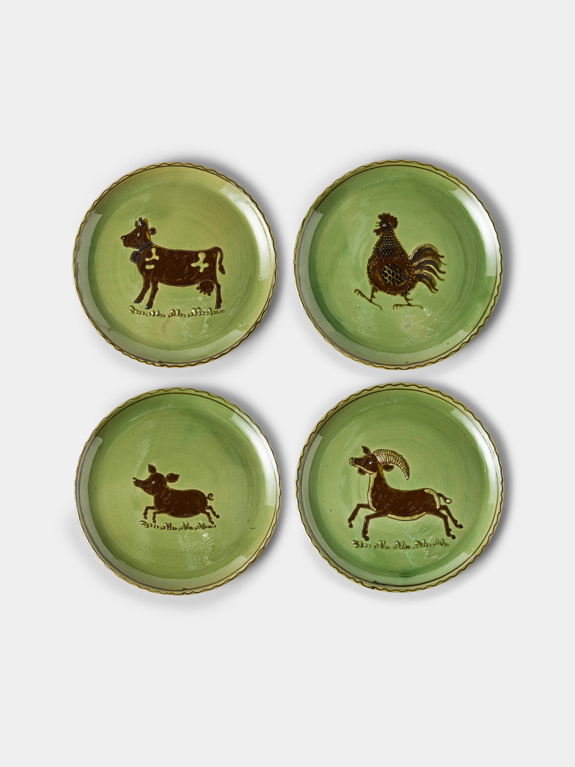 Poterie d’Évires - Animals Hand-Painted Ceramic Dinner Plates – 9.5in/24cm (Set of 4) - Green - ABASK - 