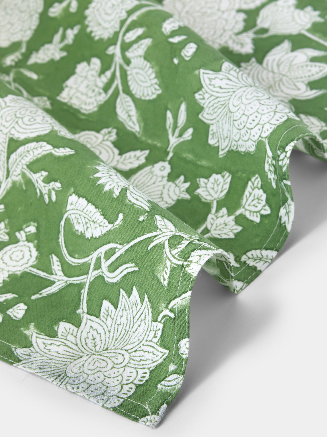 Chamois - Indian Rose Block-Printed Linen Napkins (Set of 4) - Green - ABASK